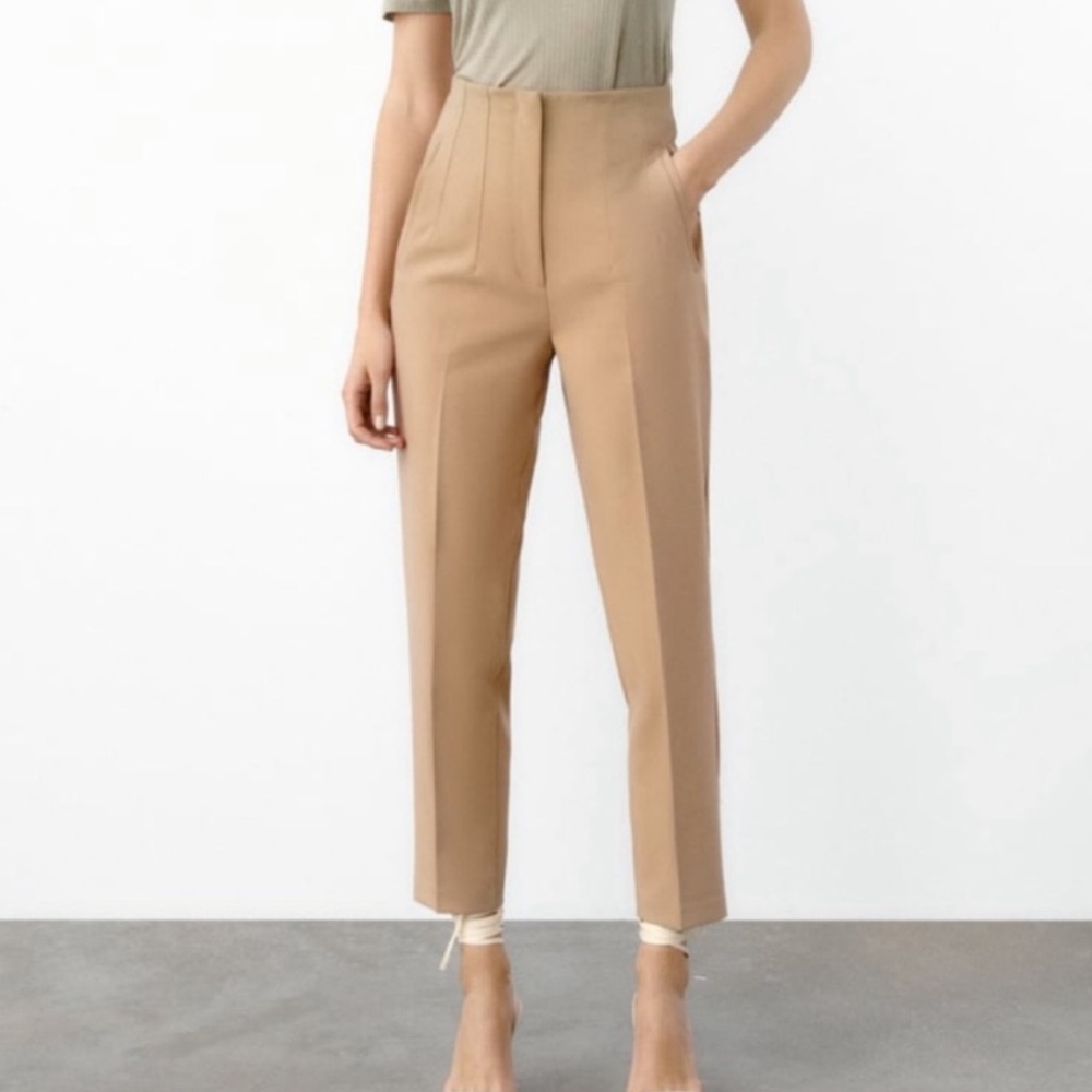 Zara High-Waist Ankle Length Tailored Pants in Camel Beige